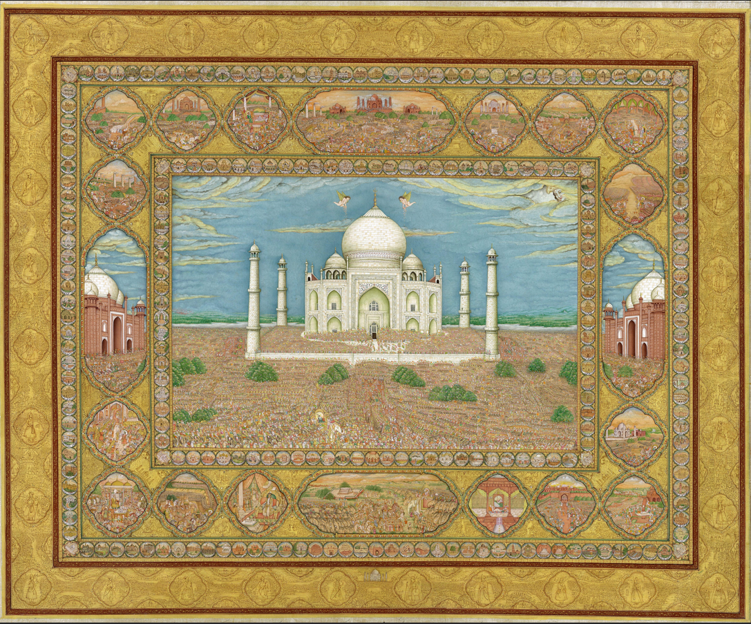 Wonder of Taj Mahal miniature painting by Naveen Sharma featuring intricate Mughal architecture and detailed handcrafted miniature artwork.