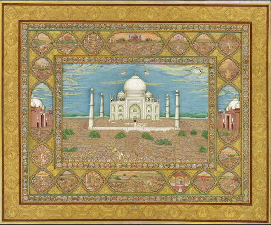 Wonder of Taj Mahal miniature painting by Naveen Sharma featuring intricate Mughal architecture and detailed handcrafted miniature artwork.